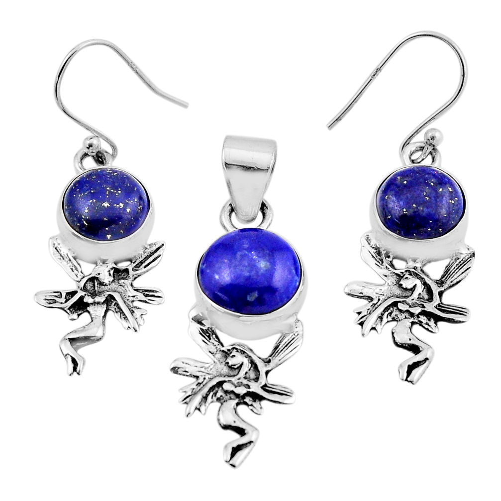 925 silver 14.20cts natural blue lapis lazuli angel pendant earrings set y57699