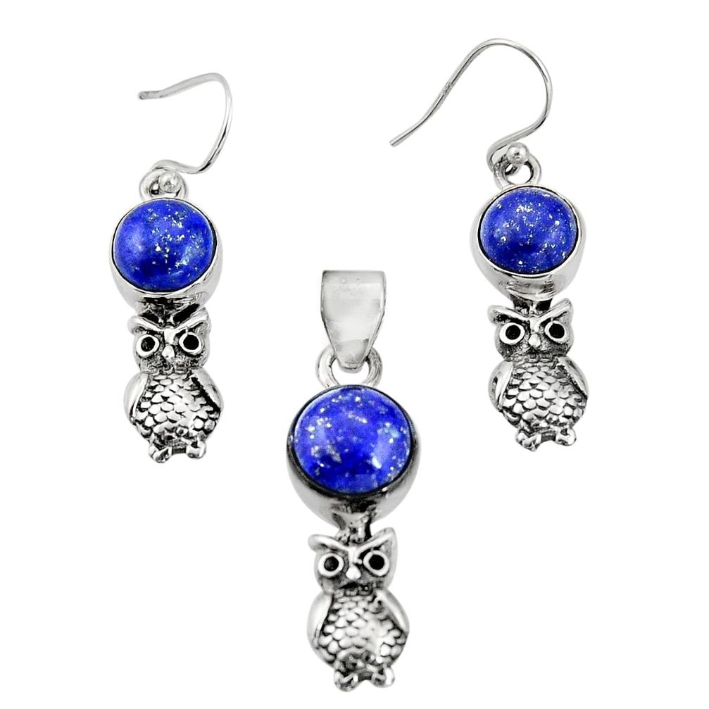 925 silver 11.53cts natural blue lapis lazuli owl pendant earrings set r20985