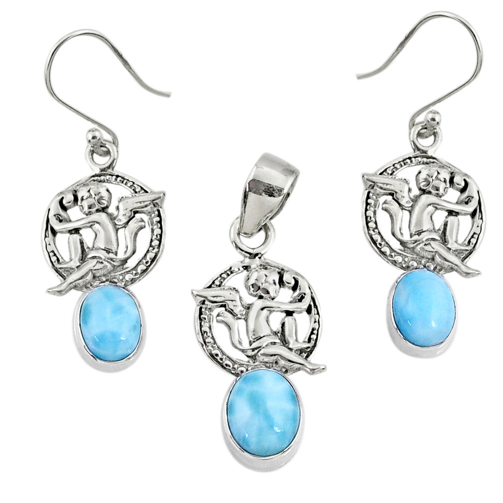 925 silver 7.85cts natural blue larimar angel charm pendant earrings set r70069