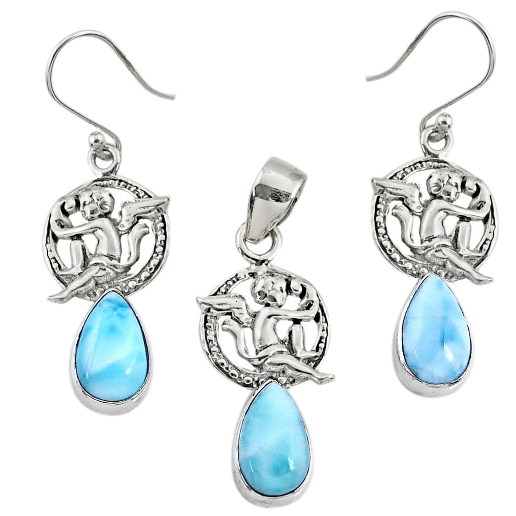 925 silver 13.34cts natural blue larimar angel charm pendant earrings set r70072