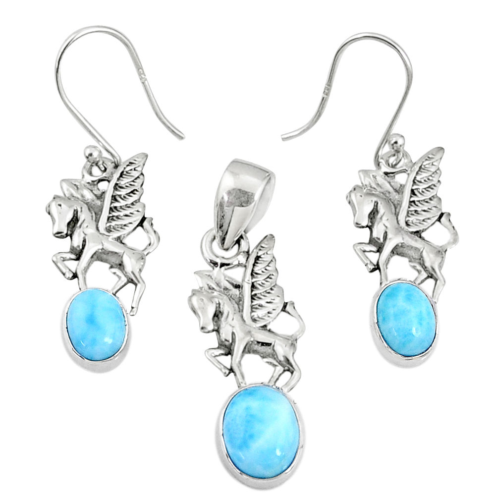 925 silver 7.62cts natural blue larimar unicorn pendant earrings set r70064