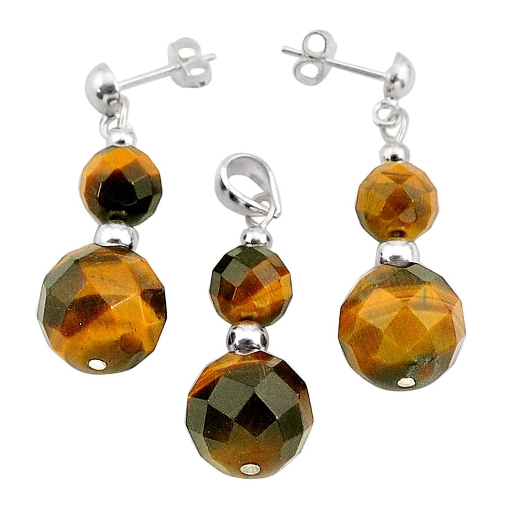 925 silver 34.08cts natural brown tiger's eye beads pendant earrings set c27239