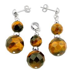 925 silver 34.08cts natural brown tiger's eye beads pendant earrings set c27239