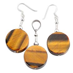 925 silver 50.68cts natural brown tiger's eye round pendant earrings set c27533