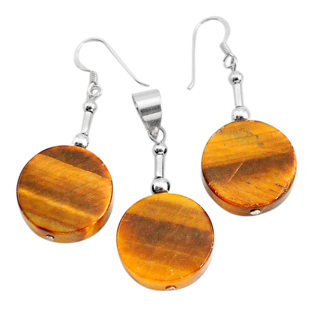 925 silver 47.18cts natural brown tiger's eye round pendant earrings set c27806