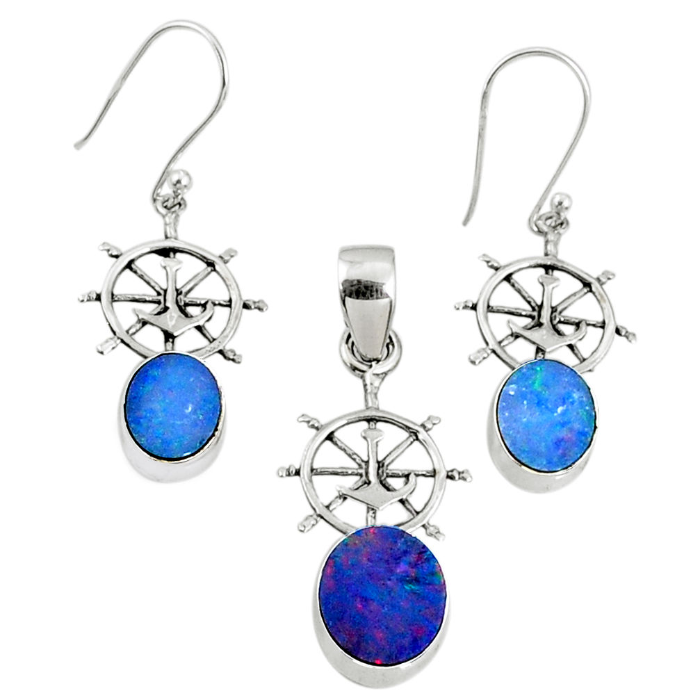 925 silver 6.03cts natural doublet opal australian pendant earrings set r69949