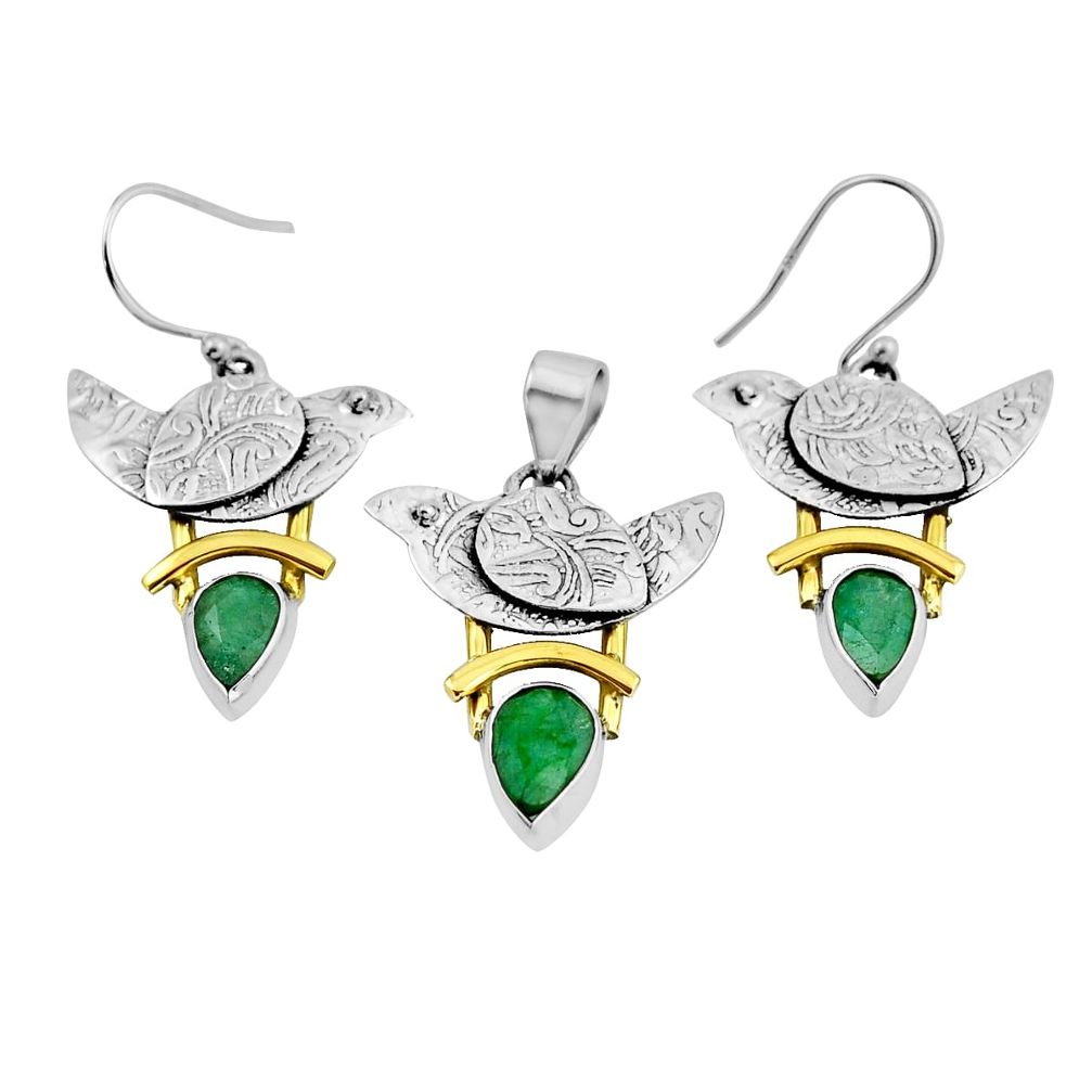 925 silver 5.44cts natural green emerald pear gold pendant earrings set y57686