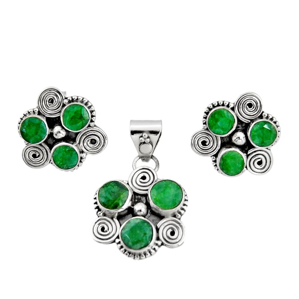 925 silver 8.89cts natural green emerald round pendant earrings set r20971