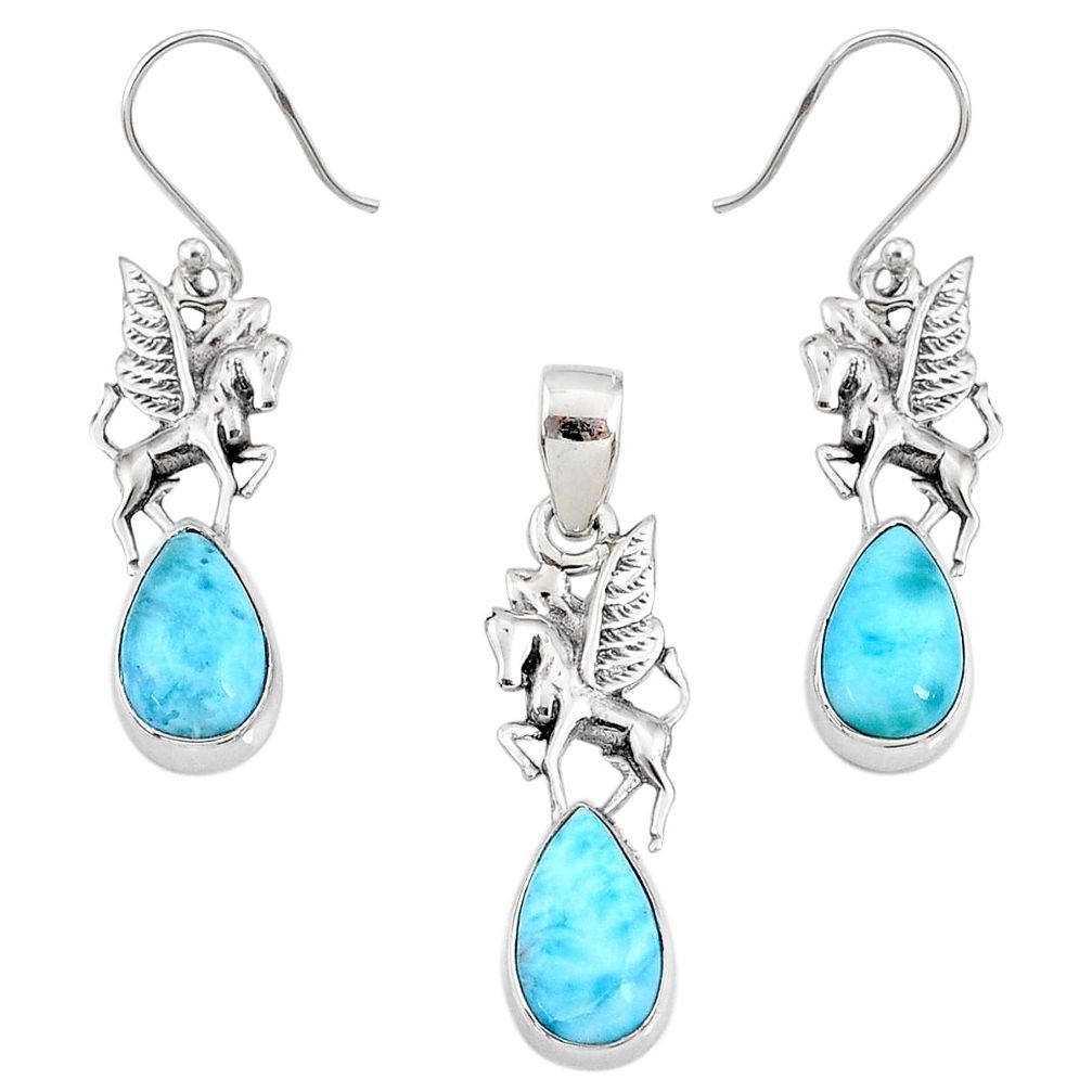 925 silver 10.74cts natural larimar pear unicorn pendant earrings set r70085