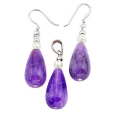 925 silver 34.54cts natural purple amethyst pearl pendant earrings set c27803
