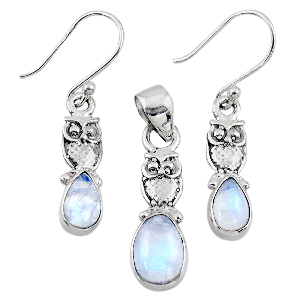925 silver 6.31cts natural rainbow moonstone owl pendant earrings set r55735