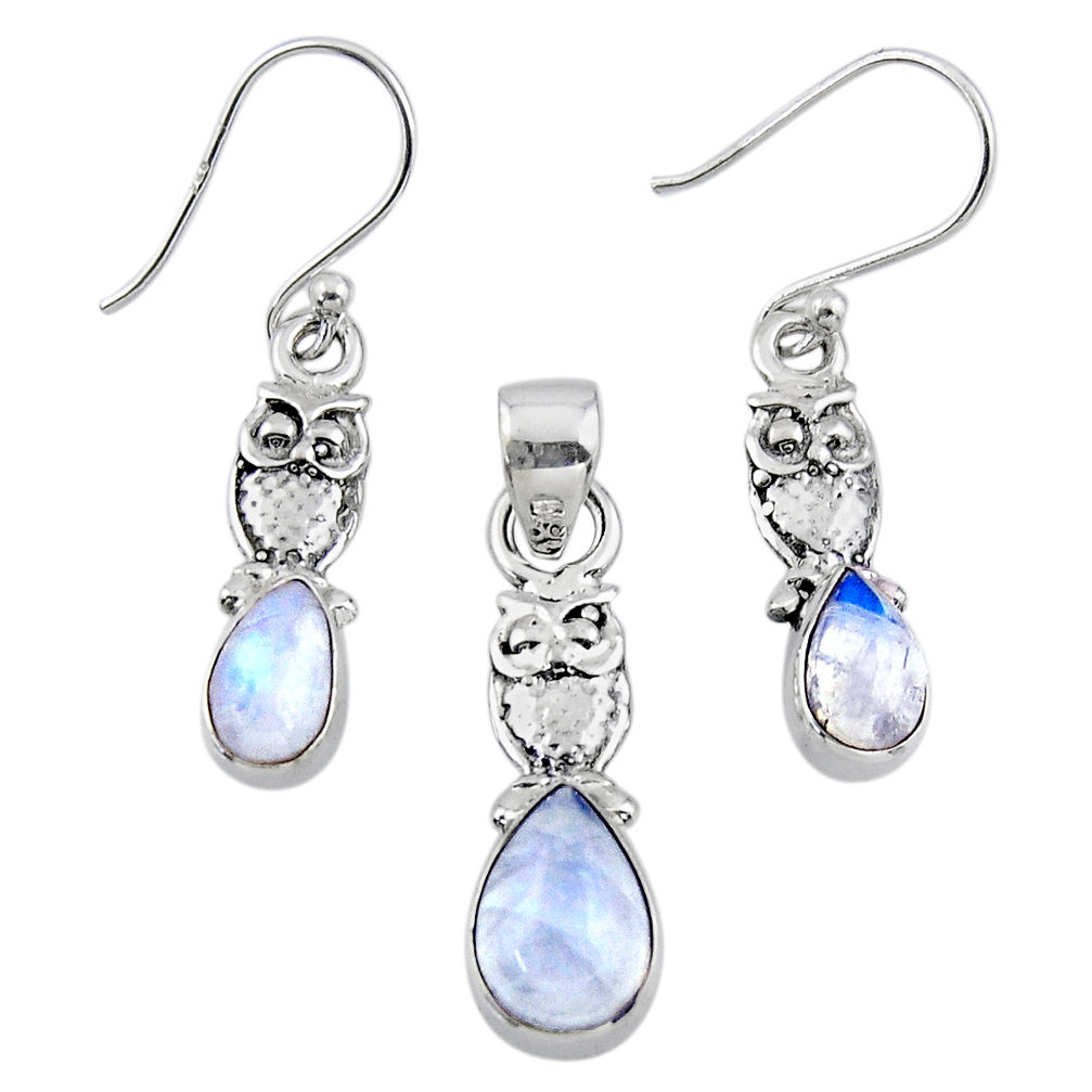 925 silver 6.31cts natural rainbow moonstone owl pendant earrings set r55736