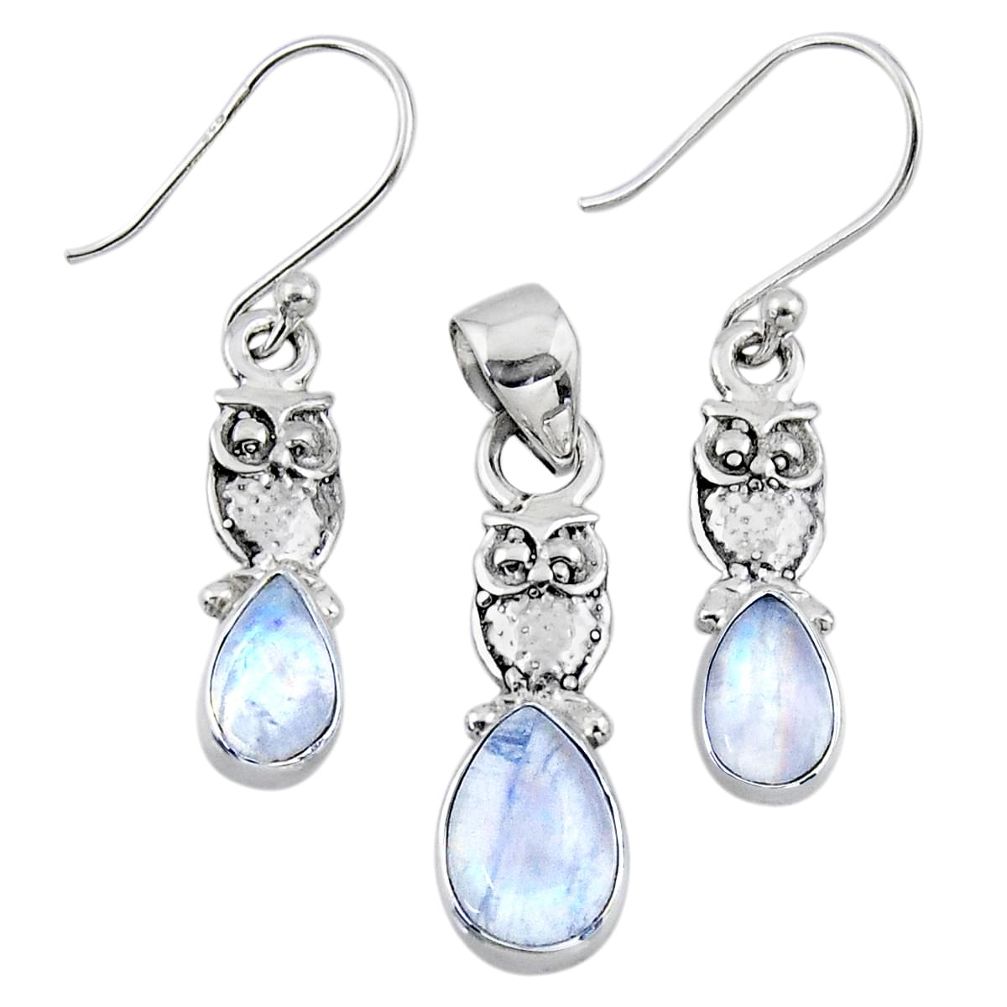925 silver 6.56cts natural rainbow moonstone owl pendant earrings set r55757