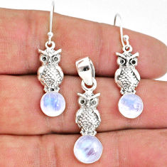 Clearance Sale- 925 silver 5.96cts natural rainbow moonstone owl pendant earrings set r70024