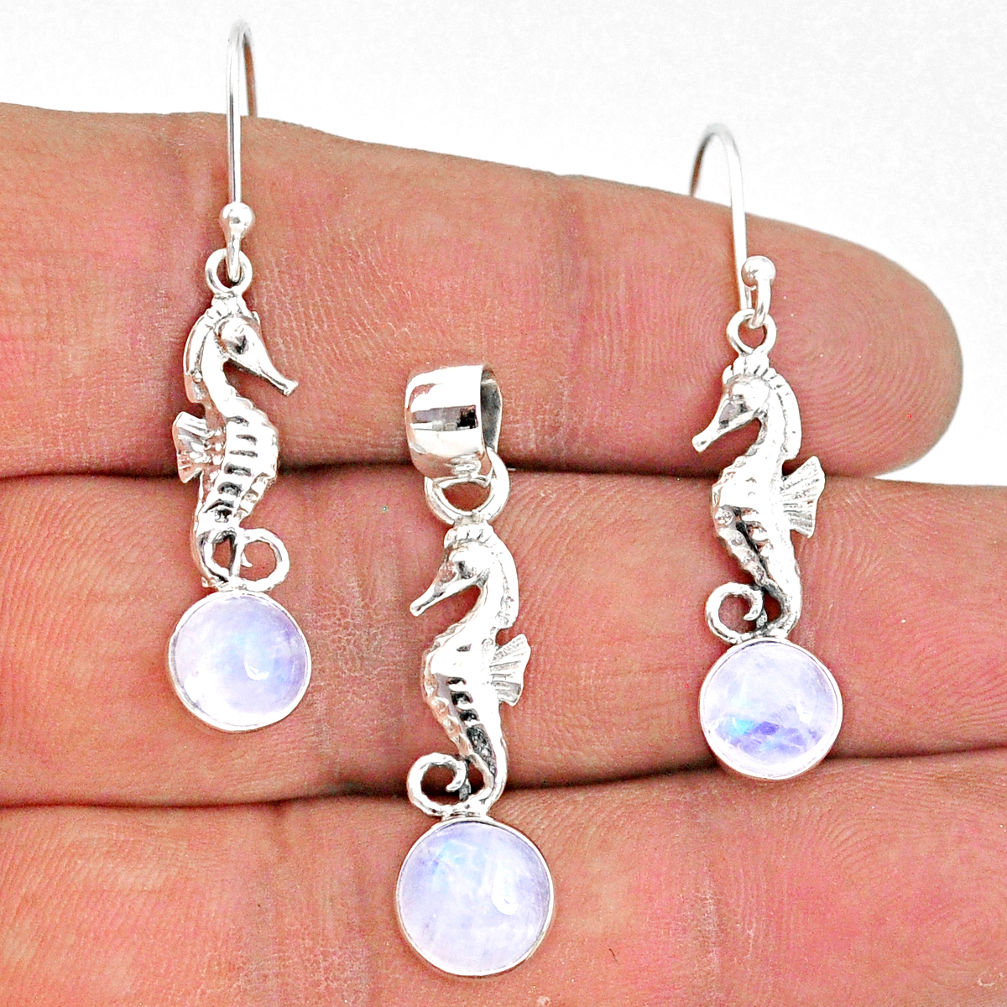925 silver 5.99cts natural rainbow moonstone round pendant earrings set r70030