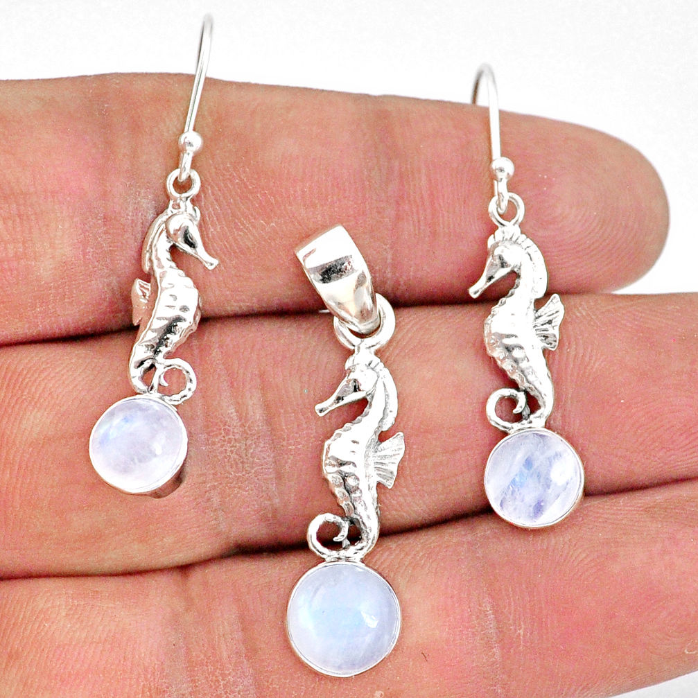 925 silver 6.02cts natural rainbow moonstone round pendant earrings set r70031