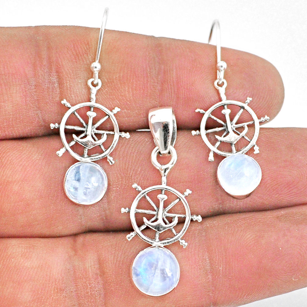 925 silver 5.75cts natural rainbow moonstone round pendant earrings set r70033