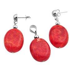 925 silver 44.16cts natural red sponge coral beads pendant earrings set n20479