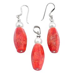 925 silver 23.30cts natural red sponge coral pearl pendant earrings set c27464