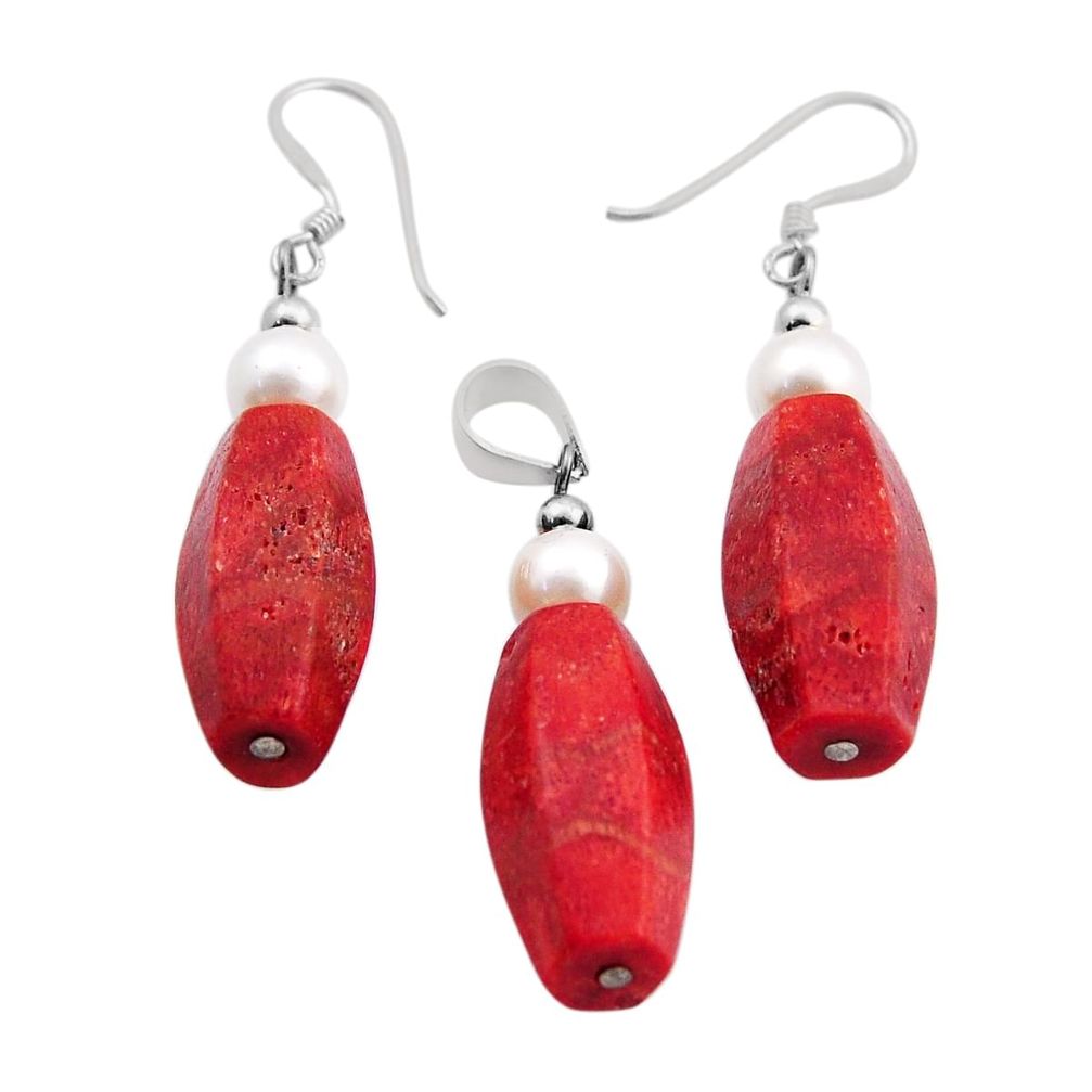 925 silver 29.22cts natural red sponge coral pearl pendant earrings set n20483