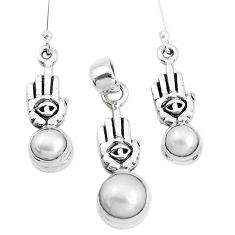 925 silver natural white pearl hand of god hamsa pendant earrings set p38600
