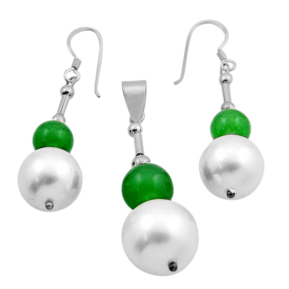 925 silver 54.19cts natural white pearl jade beads pendant earrings set n20463