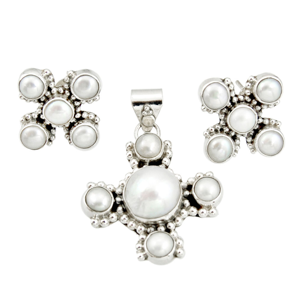 925 silver 17.52cts natural white pearl round shape pendant earrings set r20944