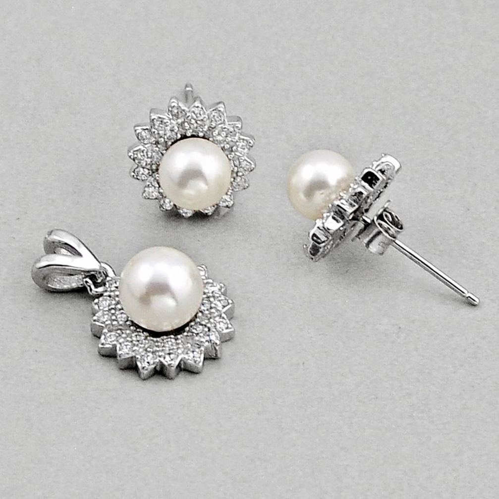 925 silver 7.69cts natural white pearl round topaz pendant earrings set y83659