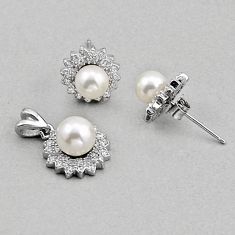 925 silver 7.69cts natural white pearl round topaz pendant earrings set y83659