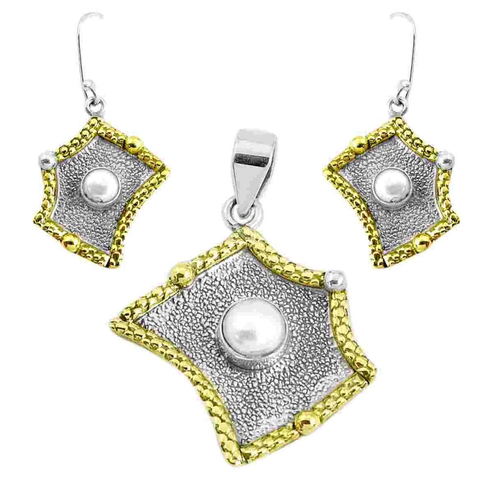 925 silver victorian natural white pearl two tone pendant earrings set p44688