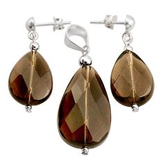 LAB 925 sterling silver 37.41cts brown smoky topaz pear pendant earrings set c27514