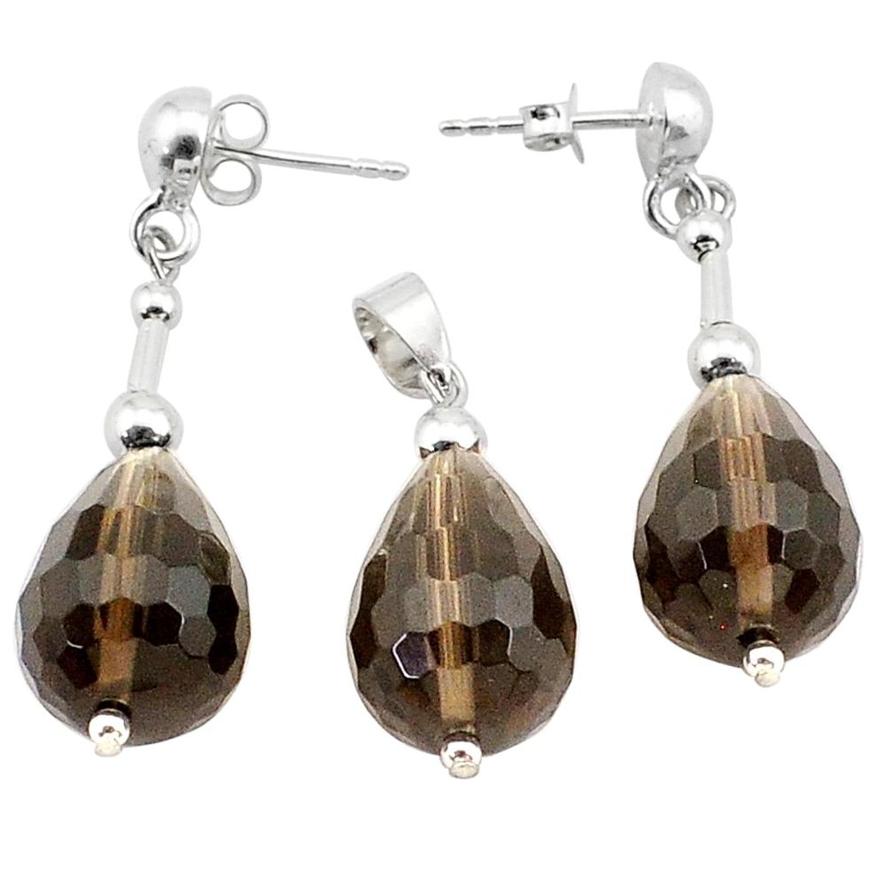LAB 925 sterling silver 45.60cts brown smoky topaz pendant earrings set c27247
