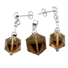 925 sterling silver 36.68cts brown smoky topaz pendant earrings set c27577