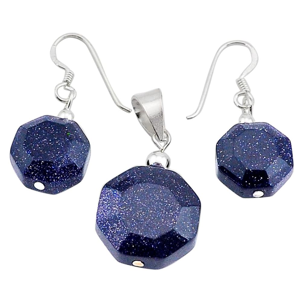 925 sterling silver 23.90cts natural blue goldstone pendant earrings set c26879