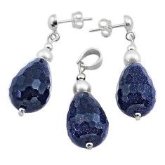 925 sterling silver 42.10cts natural blue goldstone pendant earrings set c27311