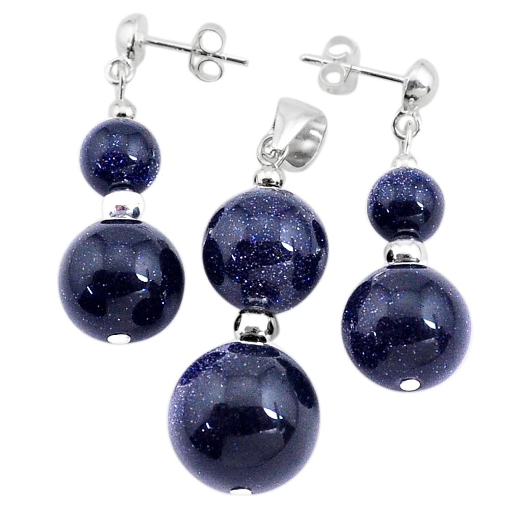 925 sterling silver 47.88cts natural blue goldstone pendant earrings set c27810