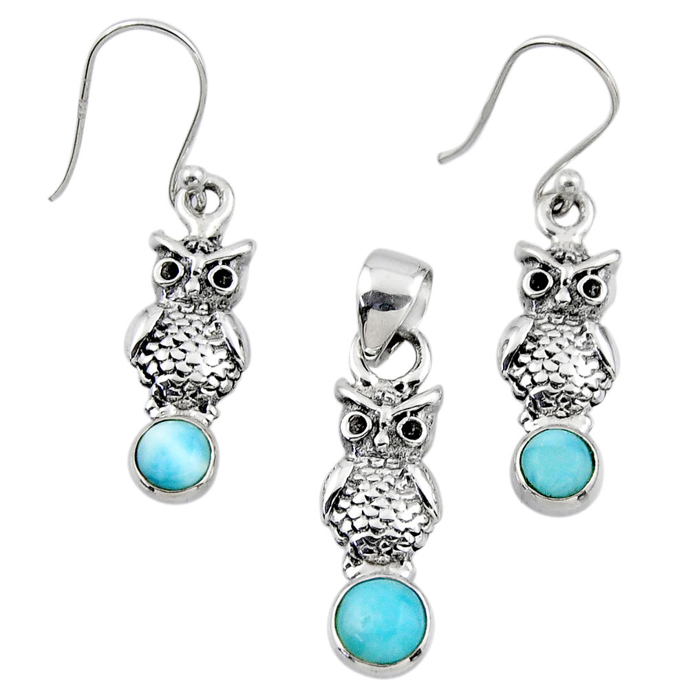 925 sterling silver 2.85cts natural blue larimar owl pendant earrings set r55780