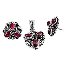 925 sterling silver 9.97cts natural red garnet round pendant earrings set y57671