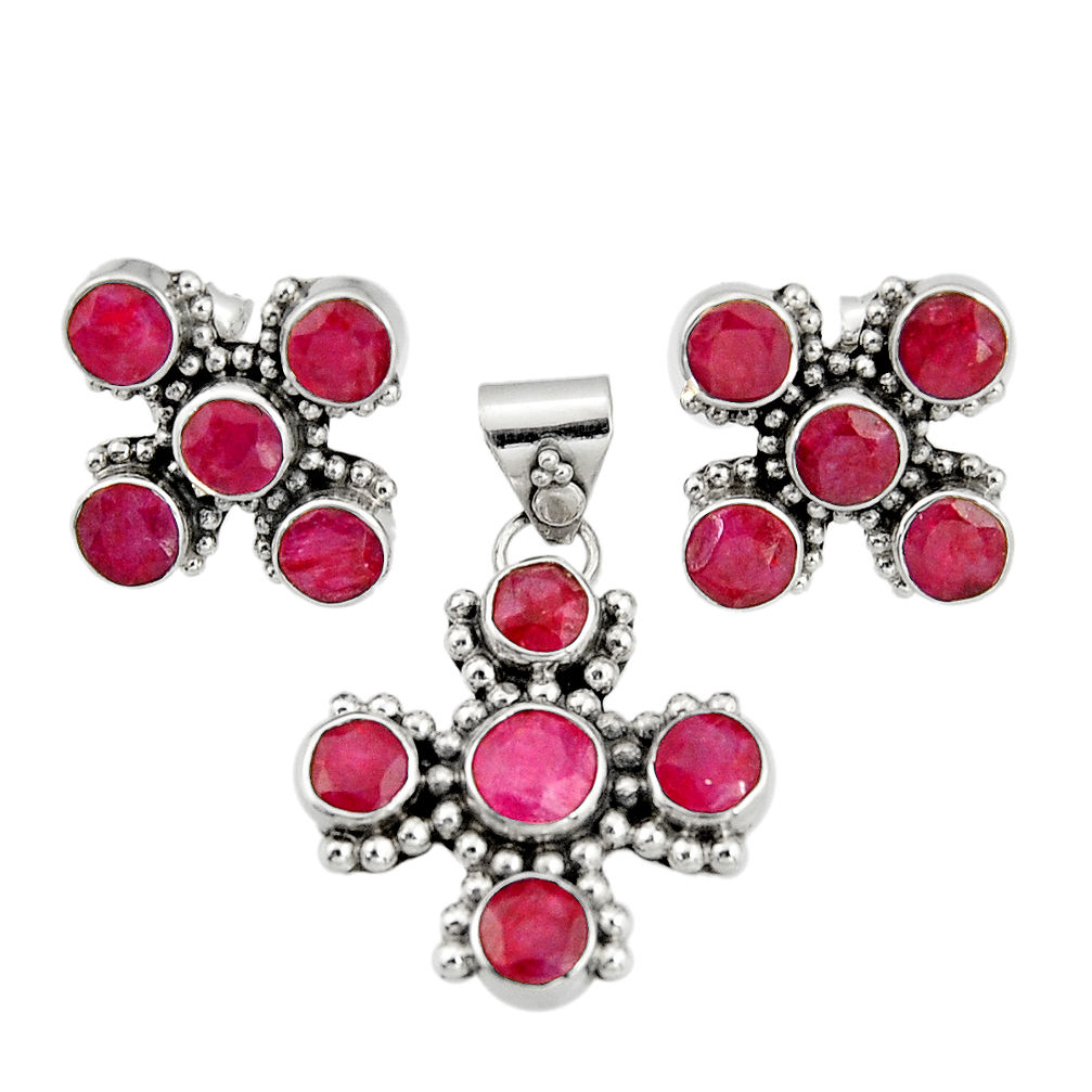 925 sterling silver 13.51cts natural red ruby round pendant earrings set r20936