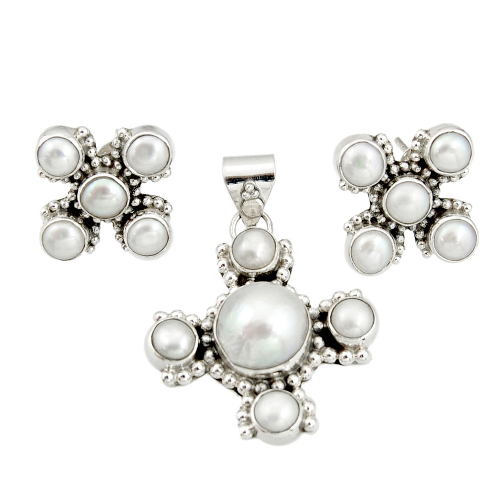 925 sterling silver 16.73cts natural white pearl pendant earrings set r20947