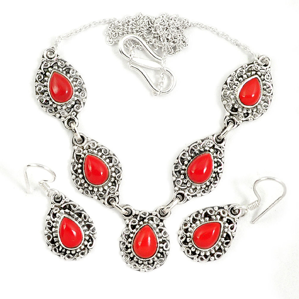 925 sterling silver red blood coral earrings necklace set jewelry j9489