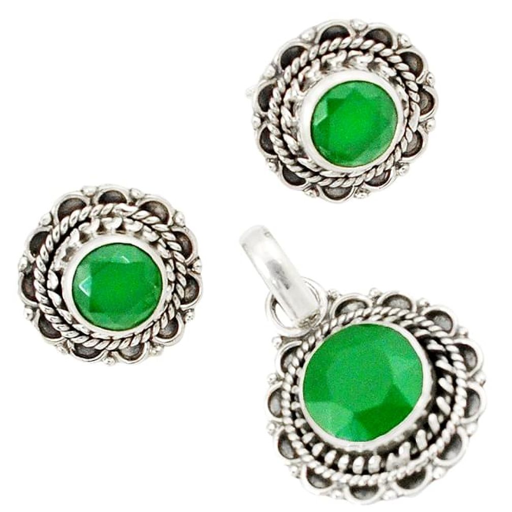 Natural green chalcedony round 925 sterling silver pendant earrings set j1434
