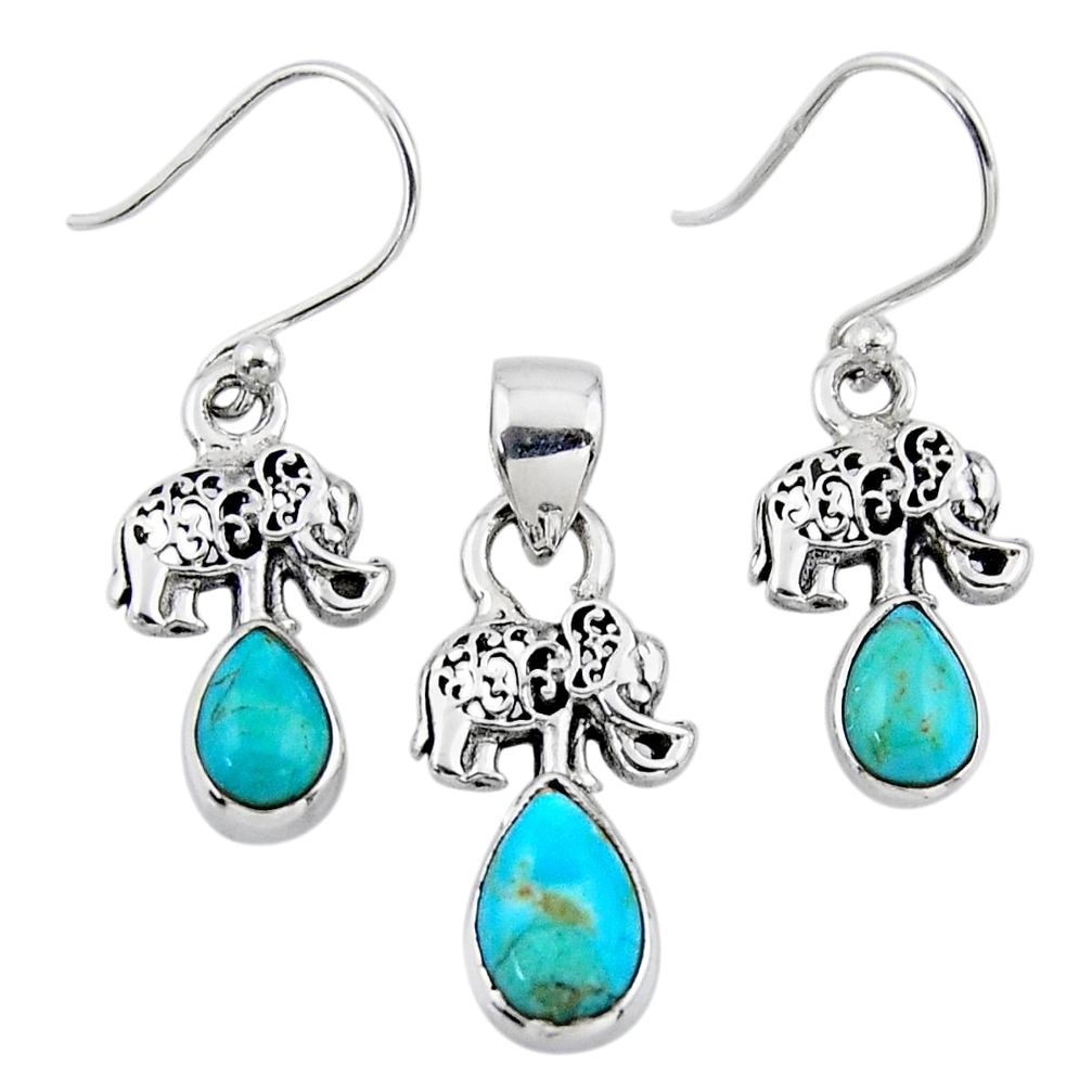 6.03cts arizona mohave turquoise silver elephant pendant earrings set r55738