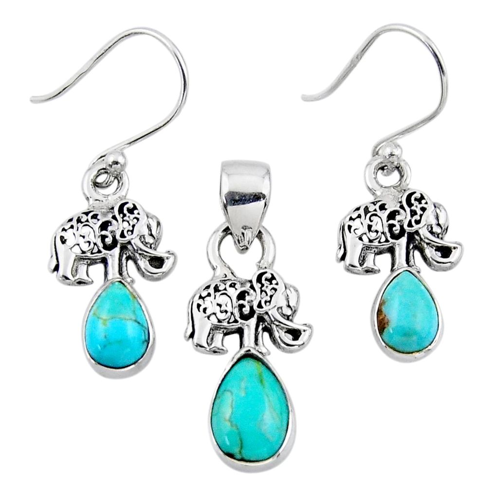 4.92cts arizona mohave turquoise silver elephant pendant earrings set r55750