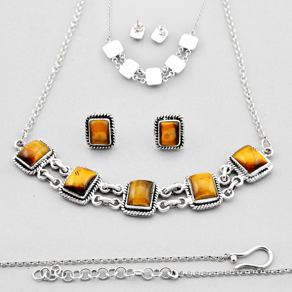 30.54cts back closed brown tiger's eye 925 silver necklace earrings set c32109