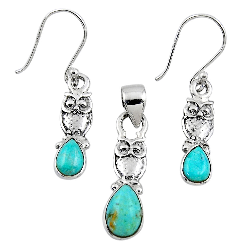 5.09cts blue arizona mohave turquoise silver owl pendant earrings set r55740