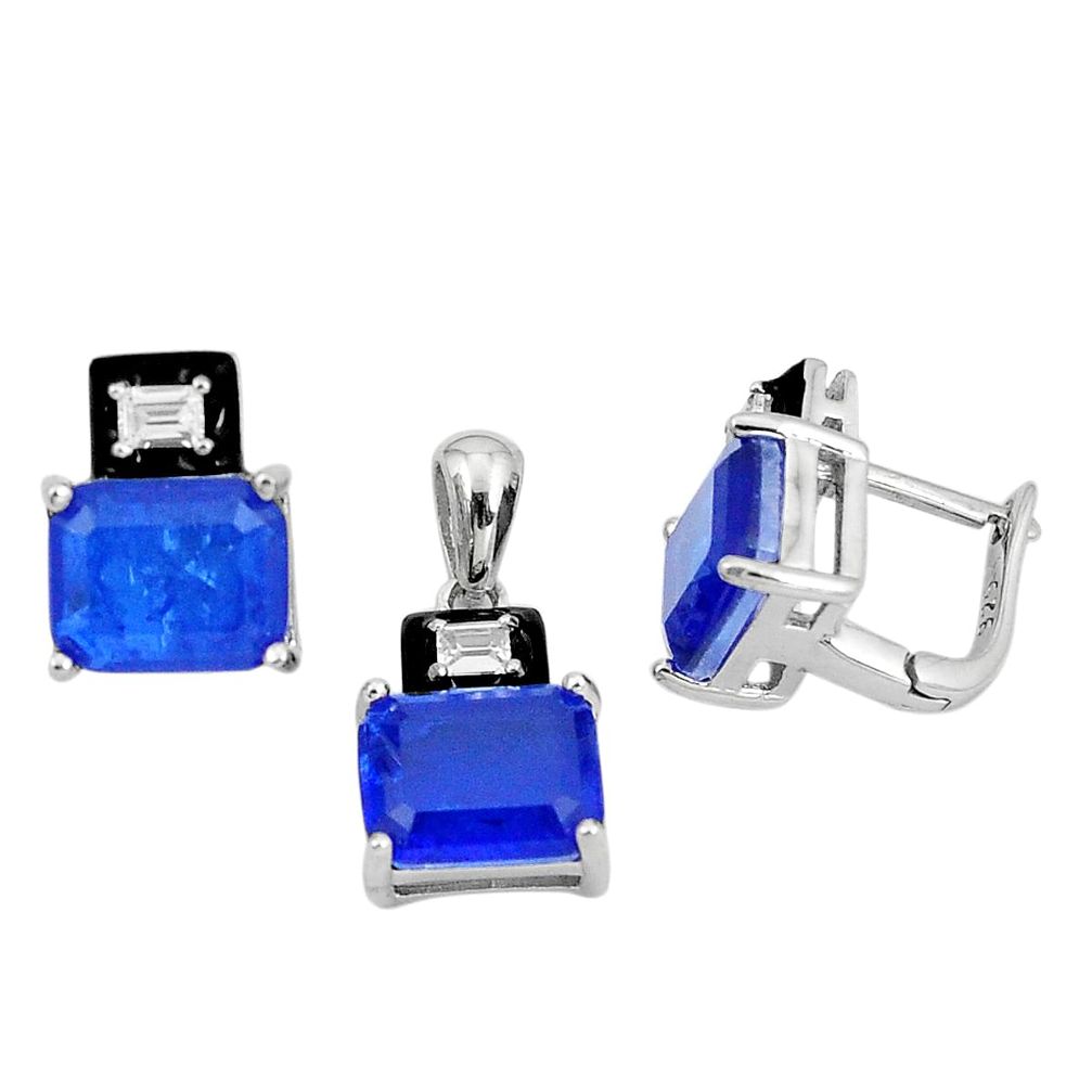 13.22cts blue sapphire (lab) topaz 925 silver pendant earrings set a87697 c24902