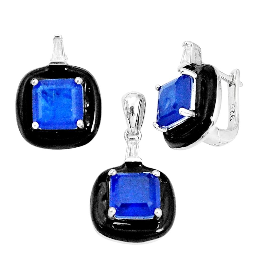 12.62cts blue sapphire (lab) topaz enamel 925 silver pendant earrings set c19401