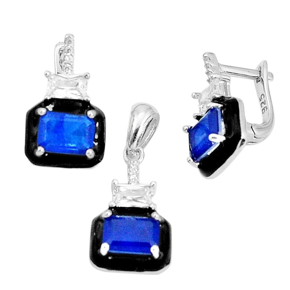 6.89cts blue sapphire (lab) topaz enamel 925 silver pendant earrings set c19402