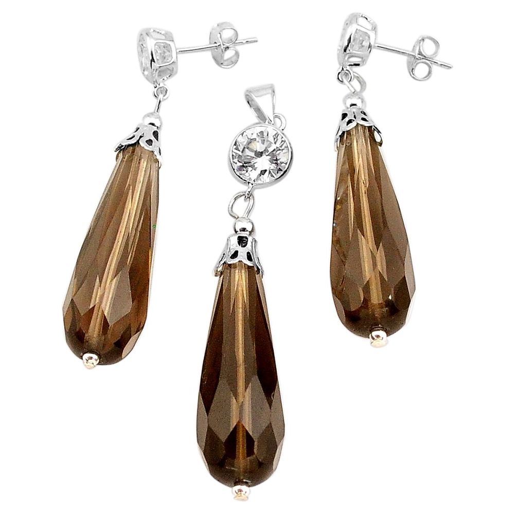LAB 47.77cts brown smoky topaz 925 sterling silver pendant earrings set c26950